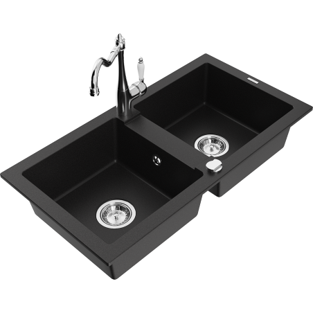 Mexen Mario granite sink 2-bowl with Carla kitchen tap, black - 6504-77-670700-00