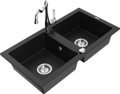 Mexen Mario granite double-bowl sink with Carla kitchen faucet, black - 6504-77-670700-00
