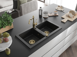 Mexen Mario 2-bowl granite kitchen sink with Carla kitchen faucet, black - 6504-77-670700-50