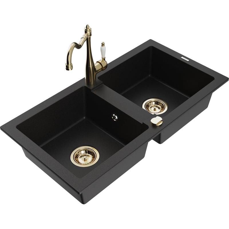 Mexen Mario 2-bowl granite kitchen sink with Carla kitchen faucet, black - 6504-77-670700-50