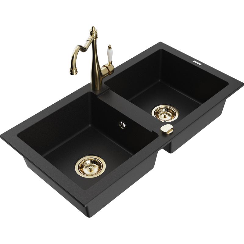 Mexen Mario granite sink 2-chamber with Carla kitchen tap, black - 6504-77-670700-50