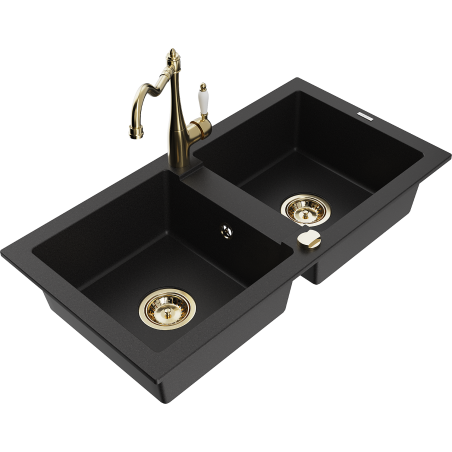 Mexen Mario 2-compartment granite sink with a kitchen mixer tap Carla, Black - 6504-77-670700-50