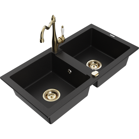 Mexen Mario granite sink 2-chamber with Carla kitchen tap, black - 6504-77-670700-50