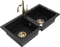 Mexen Mario 2-bowl granite kitchen sink with Carla kitchen faucet, black - 6504-77-670700-50