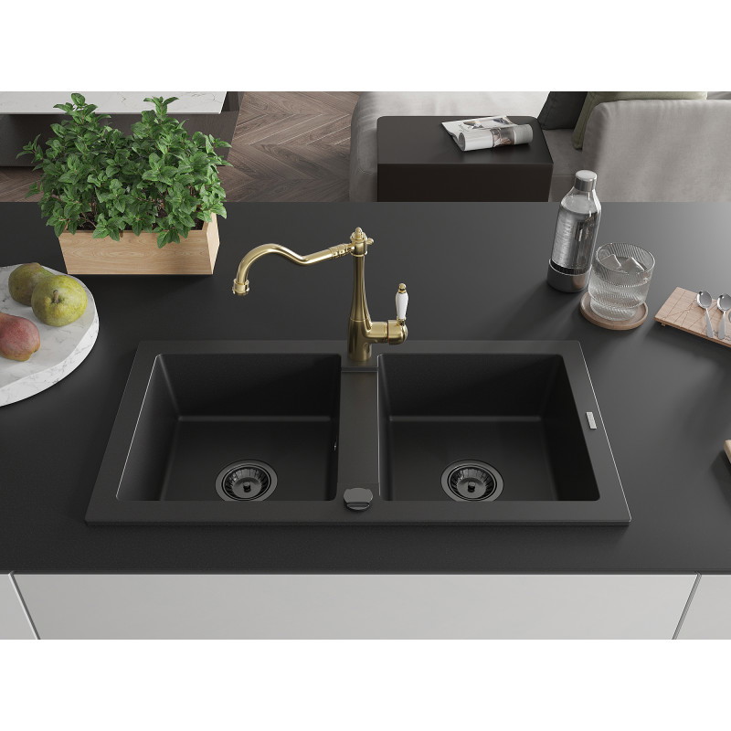 Mexen Mario granite double-bowl sink with Carla kitchen faucet, black - 6504-77-670700-50-B