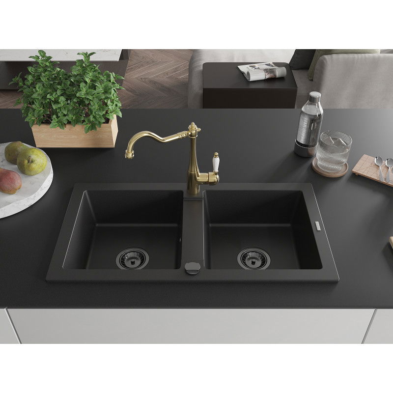 Mexen Mario granite sink 2-chamber with Carla kitchen tap, black - 6504-77-670700-50-B