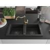 Mexen Mario granite double-bowl sink with Carla kitchen faucet, black - 6504-77-670700-50-B