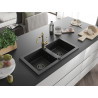 Mexen Mario granite double-bowl sink with Carla kitchen faucet, black - 6504-77-670700-50-B