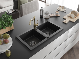Mexen Mario 2-compartment granite sink with a kitchen mixer tap Carla, Black - 6504-77-670700-50-B