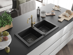 Mexen Mario granite double-bowl sink with Carla kitchen faucet, black - 6504-77-670700-50-B