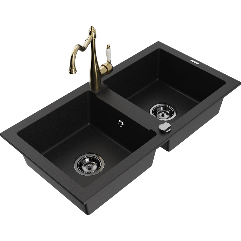 Mexen Mario granite double-bowl sink with Carla kitchen faucet, black - 6504-77-670700-50-B