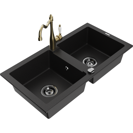 Mexen Mario granite double-bowl sink with Carla kitchen faucet, black - 6504-77-670700-50-B