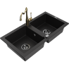 Mexen Mario granite double-bowl sink with Carla kitchen faucet, black - 6504-77-670700-50-B