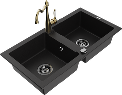 Mexen Mario granite double-bowl sink with Carla kitchen faucet, black - 6504-77-670700-50-B