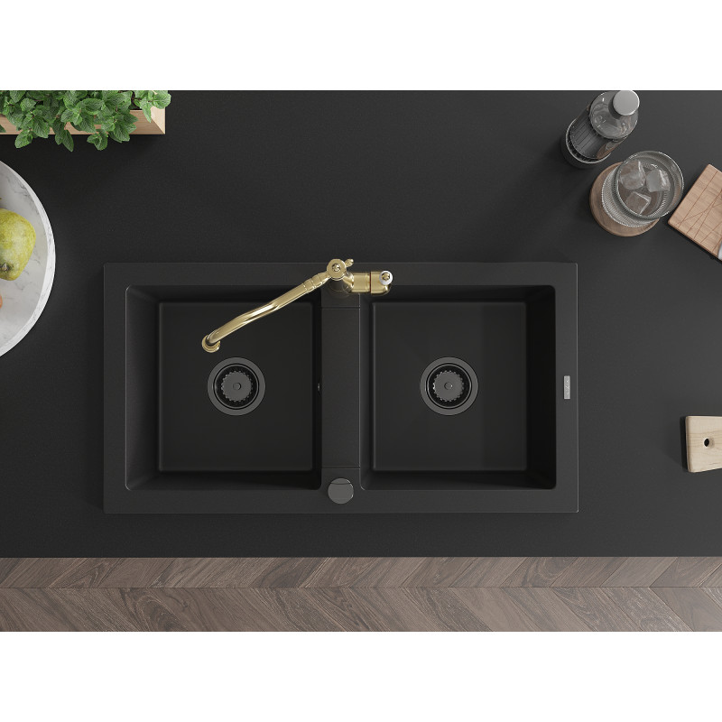 Mexen Mario granite double-bowl sink with Carla kitchen faucet, black - 6504-77-670700-50-B
