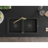 Mexen Mario granite double-bowl sink with Carla kitchen faucet, black - 6504-77-670700-50-B