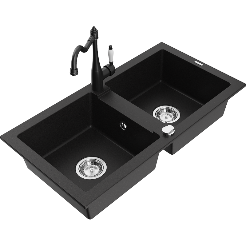 Mexen Mario 2-compartment granite sink with a kitchen mixer tap Carla, Black - 6504-77-670700-70