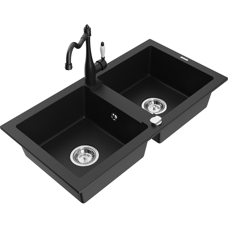Mexen Mario granite double-bowl sink with Carla kitchen faucet, black - 6504-77-670700-70