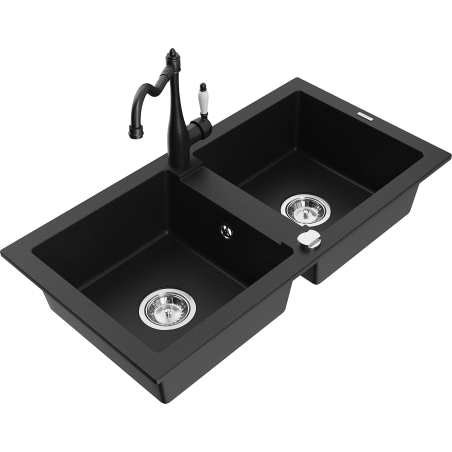 Mexen Mario granite kitchen sink, 2-bowl with kitchen faucet Carla, black - 6504-77-670700-70