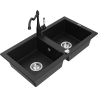 Mexen Mario granite double-bowl sink with Carla kitchen faucet, black - 6504-77-670700-70