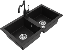 Mexen Mario granite double-bowl sink with Carla kitchen faucet, black - 6504-77-670700-70