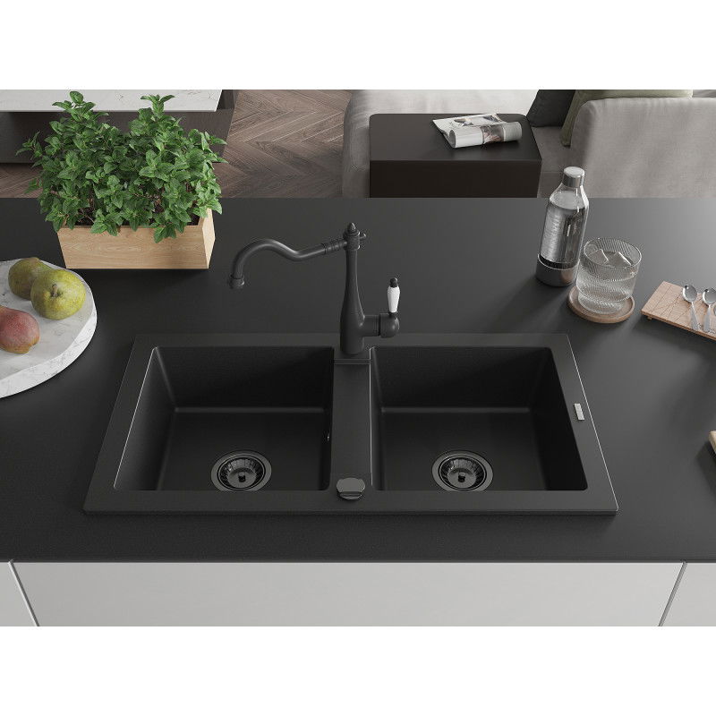 Mexen Mario 2-bowl granite kitchen sink with Carla kitchen tap, black - 6504-77-670700-70-B