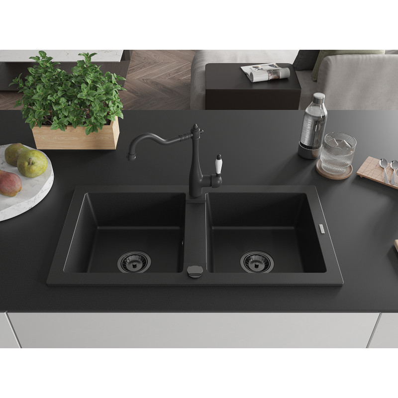 Mexen Mario granite double-bowl sink with Carla kitchen faucet, black - 6504-77-670700-70-B