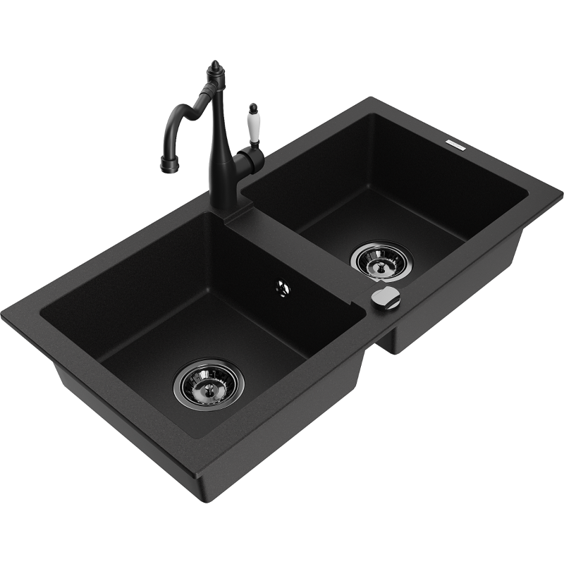 Mexen Mario 2-bowl granite kitchen sink with Carla kitchen tap, black - 6504-77-670700-70-B