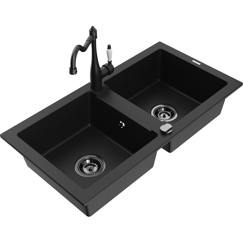 Mexen Mario granite double-bowl sink with Carla kitchen faucet, black - 6504-77-670700-70-B