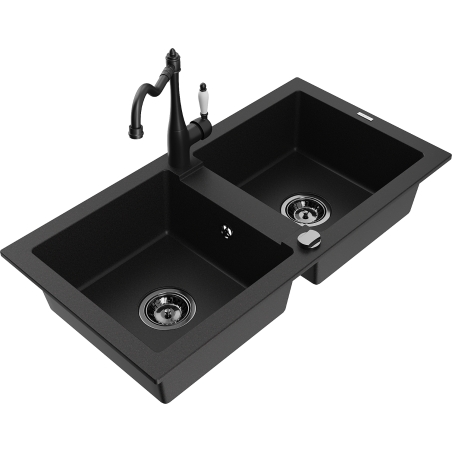 Mexen Mario 2-bowl granite kitchen sink with Carla kitchen tap, black - 6504-77-670700-70-B
