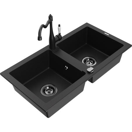 Mexen Mario granite double-bowl sink with Carla kitchen faucet, black - 6504-77-670700-70-B
