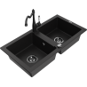 Mexen Mario granite double-bowl sink with Carla kitchen faucet, black - 6504-77-670700-70-B