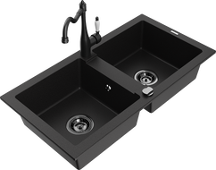 Mexen Mario granite kitchen sink with 2 bowls and Carla kitchen faucet, black - 6504-77-670700-70-B