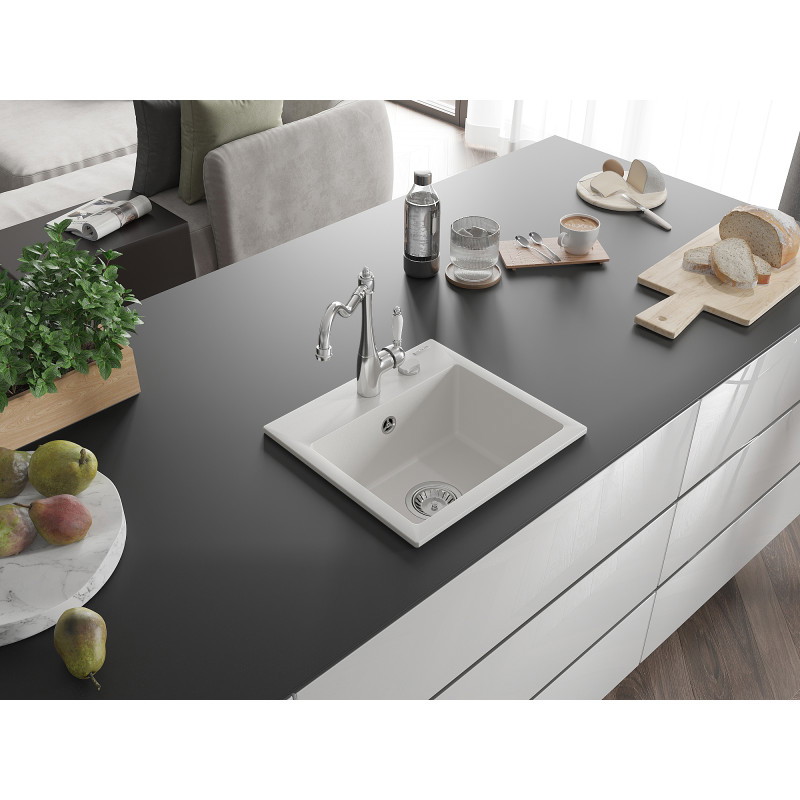 Mexen Milo 1-bowl granite sink with kitchen faucet Carla, white - 6505-20-670700-00