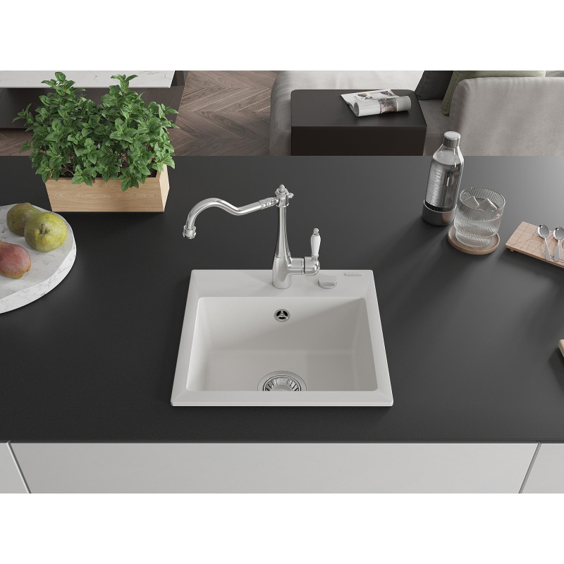 Mexen Milo 1-Bowl Granite Sink with Carla Kitchen Faucet, White - 6505-20-670700-00