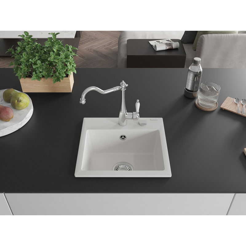 Mexen Milo granite sink 1-bowl with Carla kitchen tap, white - 6505-20-670700-00