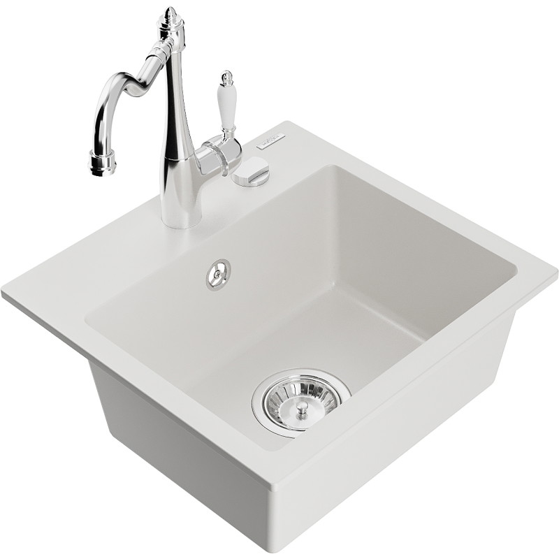 Mexen Milo 1-Bowl Granite Sink with Carla Kitchen Faucet, White - 6505-20-670700-00