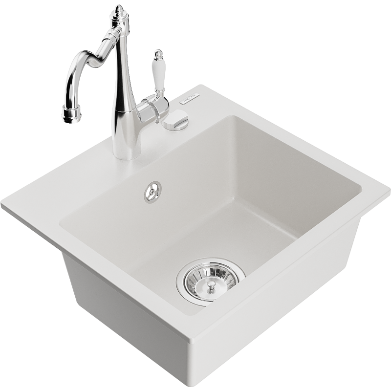 Mexen Milo 1-compartment granite sink with a kitchen mixer tap Carla, White - 6505-20-670700-00