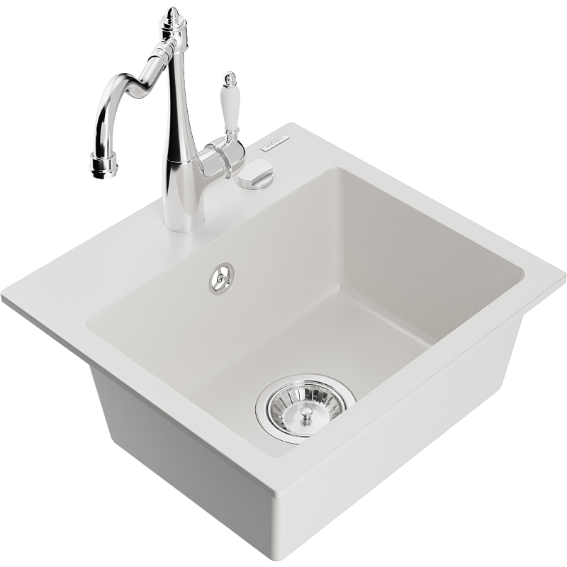 Mexen Milo granite sink 1-bowl with Carla kitchen tap, white - 6505-20-670700-00