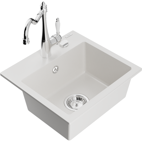 Mexen Milo 1-compartment granite sink with a kitchen mixer tap Carla, White - 6505-20-670700-00