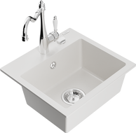 Mexen Milo 1-compartment granite sink with a kitchen mixer tap Carla, White - 6505-20-670700-00