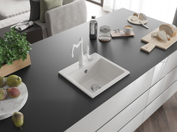 Mexen Milo 1-compartment granite sink with a kitchen mixer tap Carla, White - 6505-20-670700-20