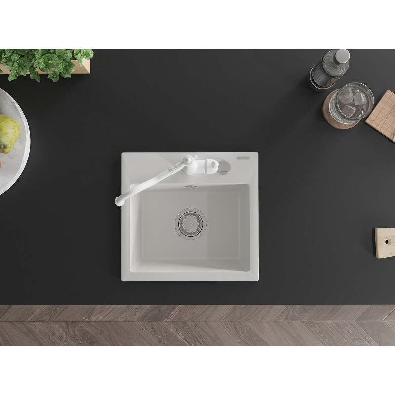 Mexen Milo 1-bowl granite sink with kitchen faucet Carla, white - 6505-20-670700-20