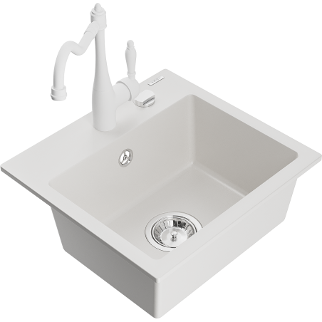Mexen Milo 1-compartment granite sink with a kitchen mixer tap Carla, White - 6505-20-670700-20