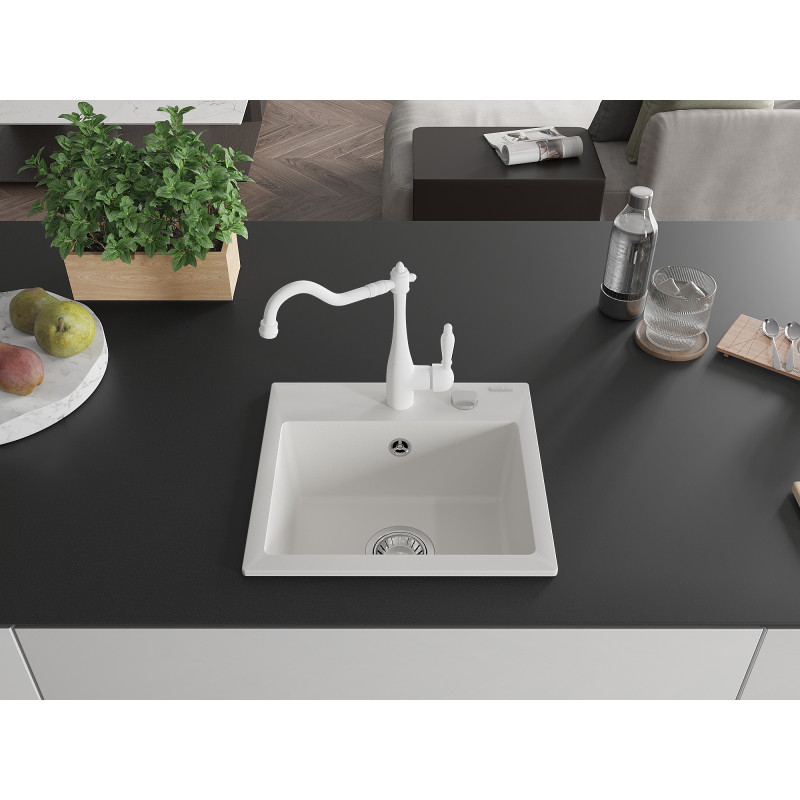 Mexen Milo 1-bowl granite sink with kitchen faucet Carla, white - 6505-20-670700-20