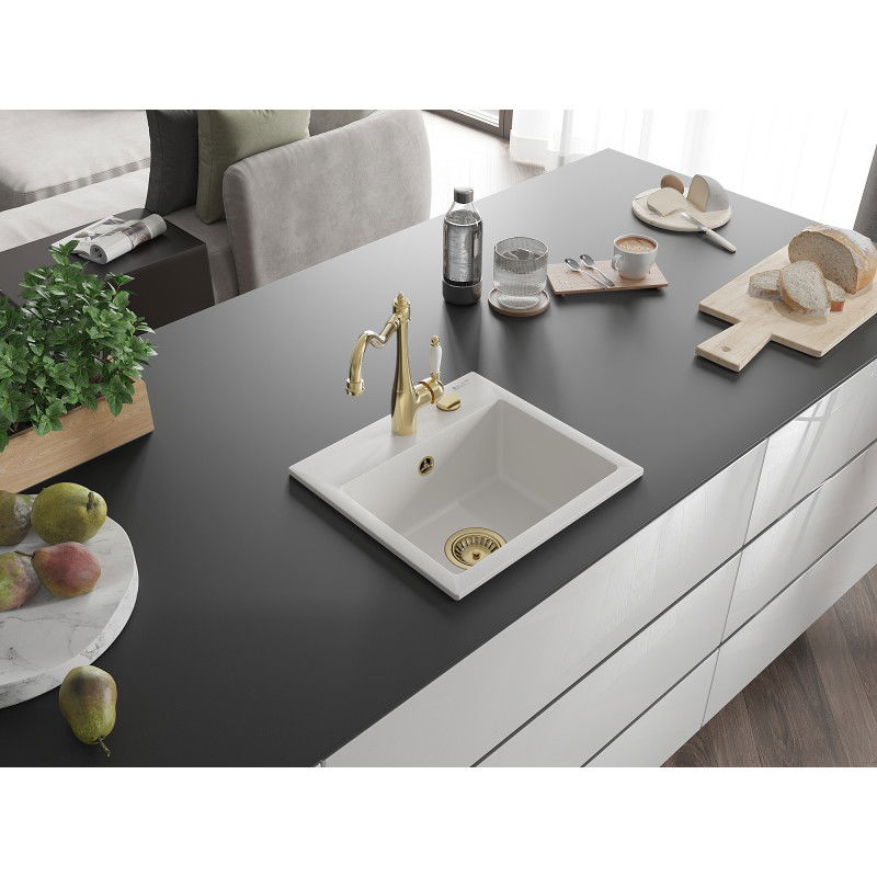 Mexen Milo 1-bowl granite sink with Carla kitchen tap, white - 6505-20-670700-50