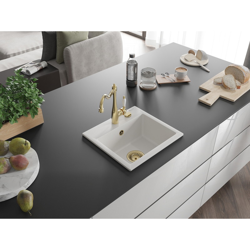 Mexen Milo granite 1-bowl kitchen sink with Carla kitchen faucet, white - 6505-20-670700-50