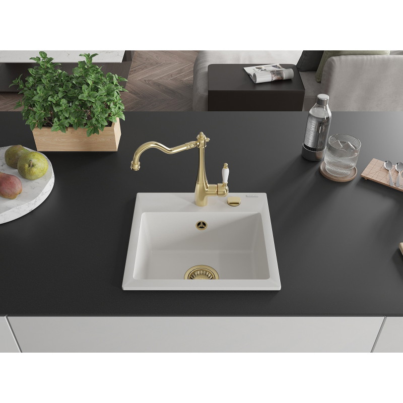 Mexen Milo granite 1-bowl kitchen sink with Carla kitchen faucet, white - 6505-20-670700-50