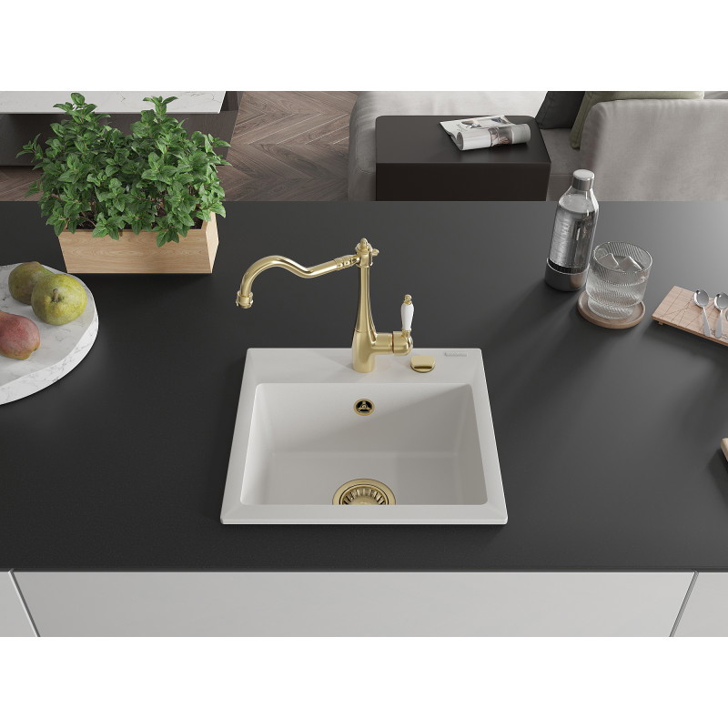 Mexen Milo granite kitchen sink 1-chamber with Carla kitchen faucet, white - 6505-20-670700-50