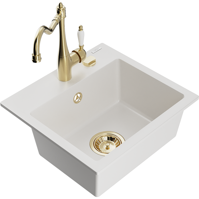 Mexen Milo 1-bowl granite sink with Carla kitchen tap, white - 6505-20-670700-50
